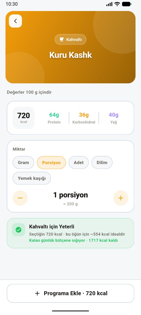 Besin detayı: 720 kcal, porsiyon seçimi ve Kahvaltı için Yeterli bütçe kontrolü