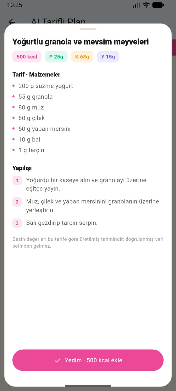 Tarif ekranı: malzemeler ve adım adım yapılış, altta Yedim 500 kcal ekle düğmesi